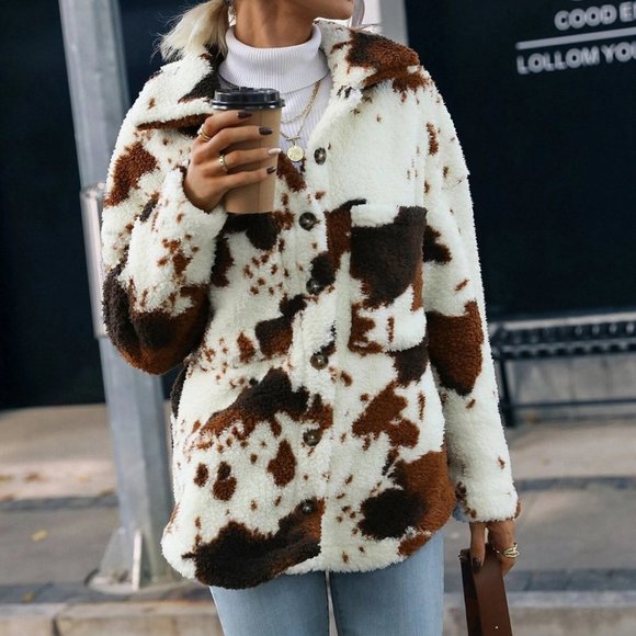 western cow print button flannel coat boho casual - Picture 4 of 6